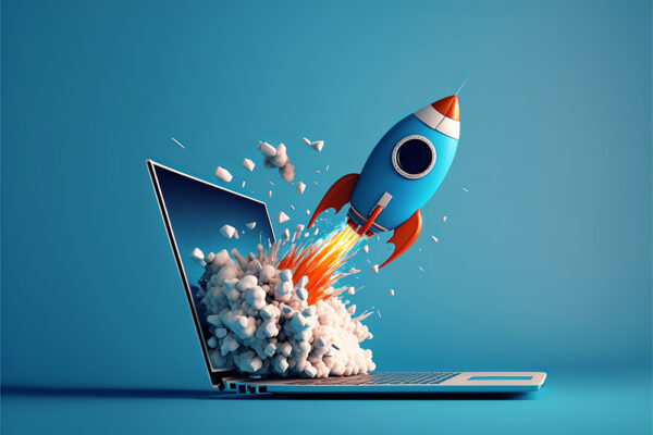 How to get the most out of your web designer. Rocket blasting out of a laptop.